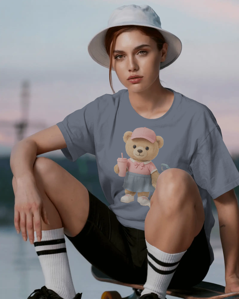 Teddy Traveler T-Shirt — Cute Bear with Luggage & Cup Graphic | Noorve | T-Shirt