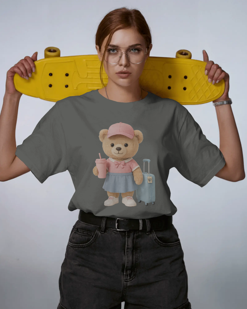 Teddy Traveler T-Shirt — Cute Bear with Luggage & Cup Graphic | Noorve | T-Shirt