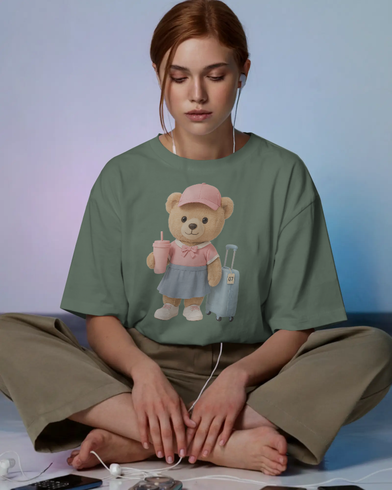 Teddy Traveler T-Shirt — Cute Bear with Luggage & Cup Graphic | Noorve | T-Shirt