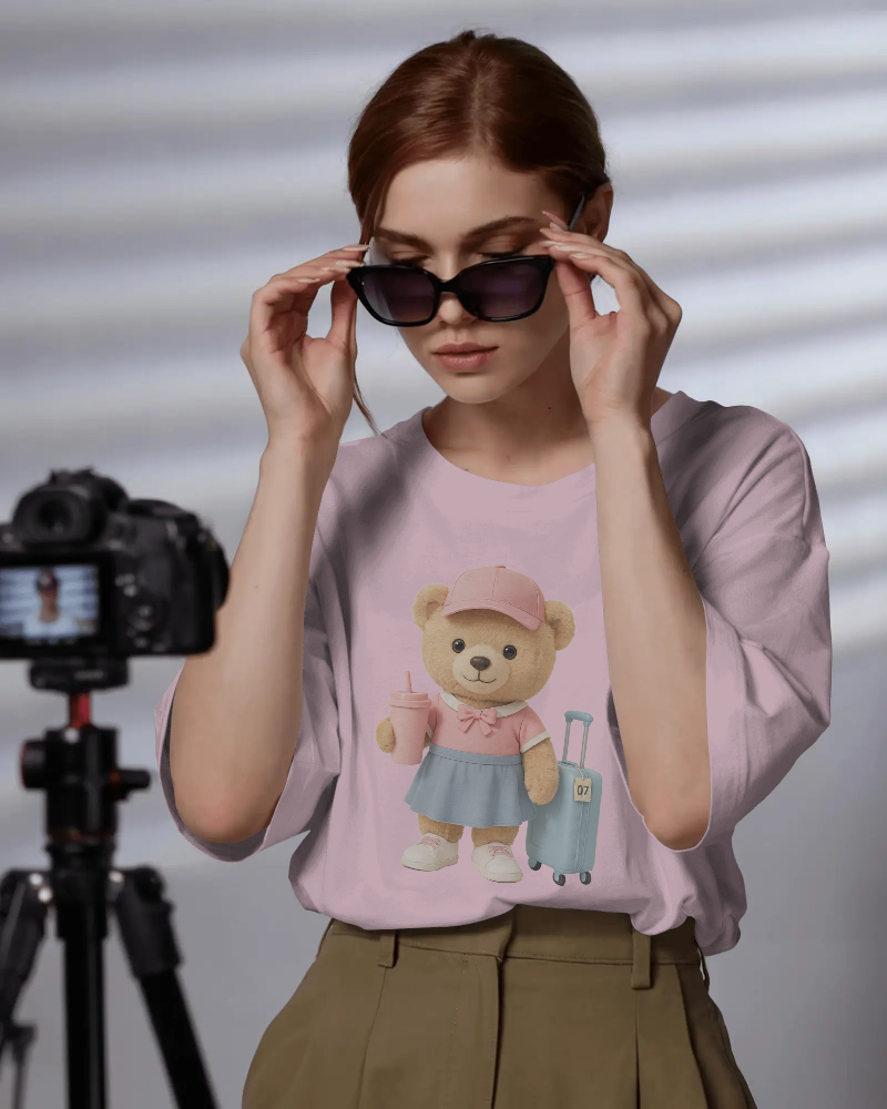 Teddy Traveler T‑Shirt — Cute Bear with Luggage & Cup Graphic