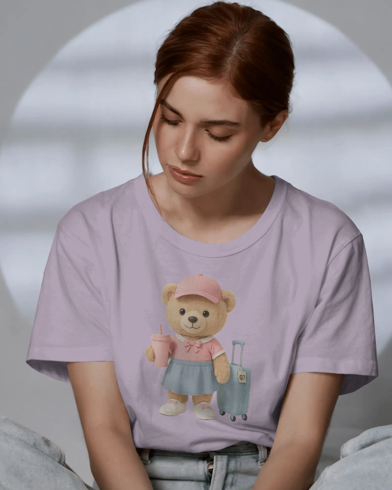 Teddy Traveler T‑Shirt — Cute Bear with Luggage & Cup Graphic