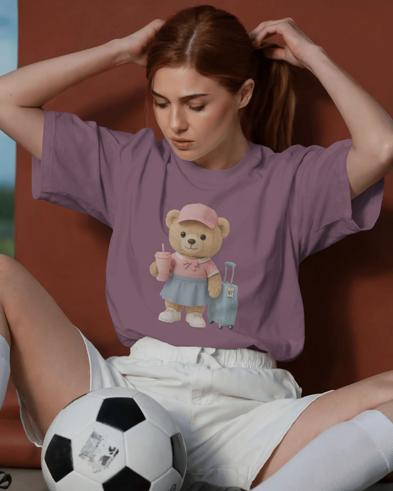 Teddy Traveler T‑Shirt — Cute Bear with Luggage & Cup Graphic