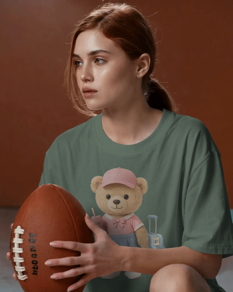 Teddy Traveler T‑Shirt — Cute Bear with Luggage & Cup Graphic