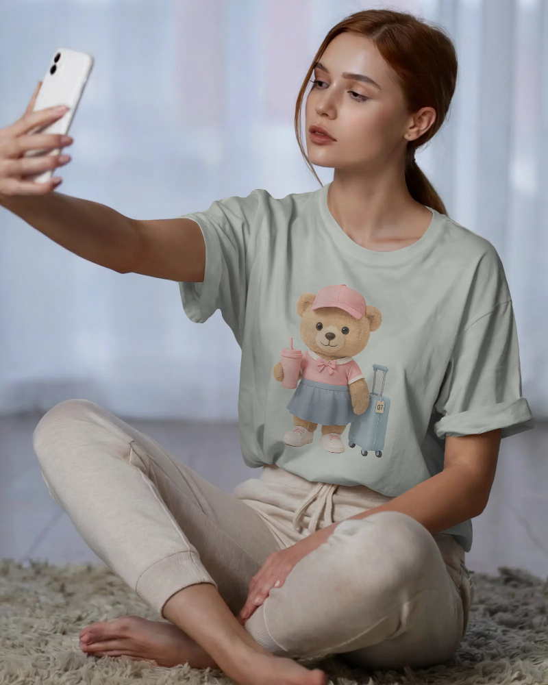 Teddy Traveler T-Shirt — Cute Bear with Luggage & Cup Graphic | Noorve | T-Shirt