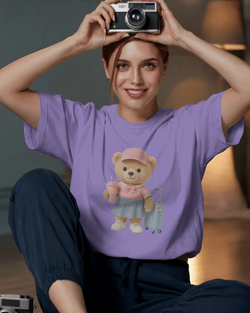 Teddy Traveler T‑Shirt — Cute Bear with Luggage & Cup Graphic