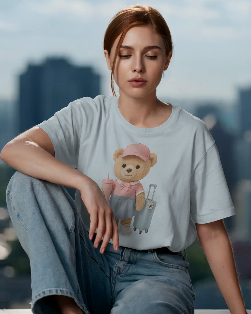Teddy Traveler T-Shirt — Cute Bear with Luggage & Cup Graphic | Noorve | T-Shirt