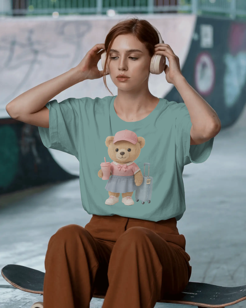 Teddy Traveler T-Shirt — Cute Bear with Luggage & Cup Graphic | Noorve | T-Shirt