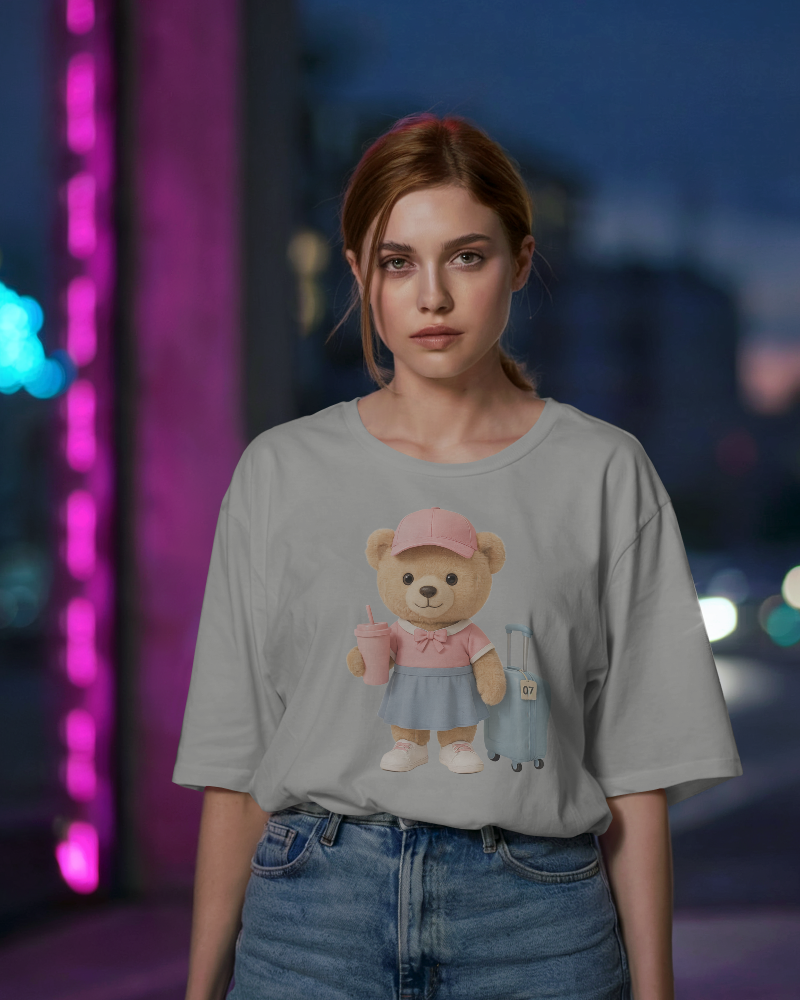 Teddy Traveler T-Shirt — Cute Bear with Luggage & Cup Graphic | Noorve | T-Shirt