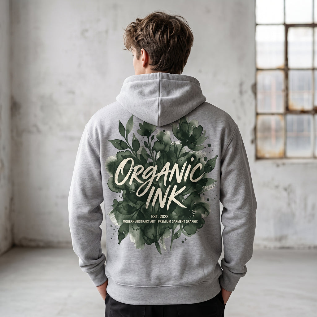 Organic Ink Hoodie — Floral Green Botanical Graphic Fleece Hoodie
