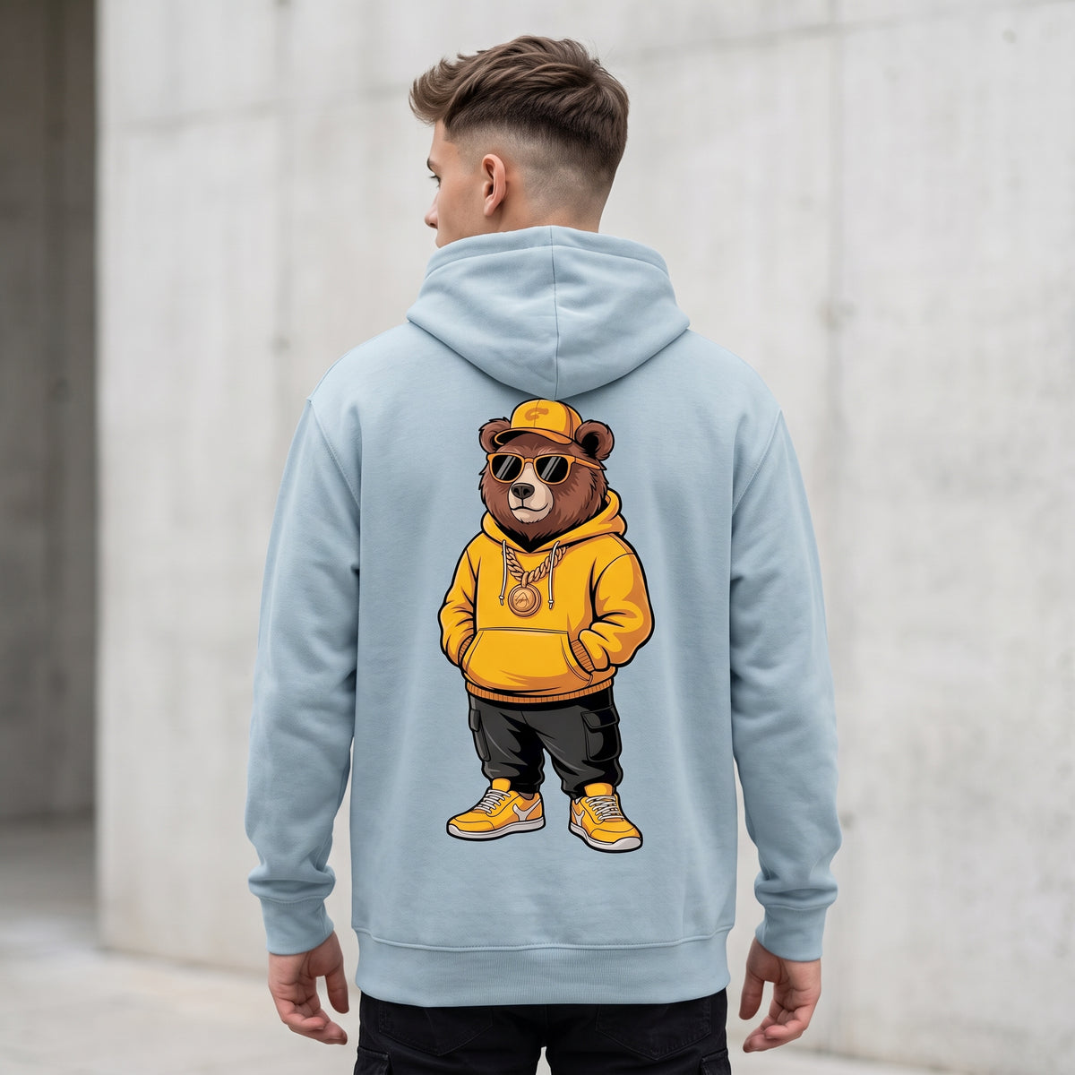 Bear Graphic Hoodie — Casual Streetwear Pullover with Yellow Bear Illustration