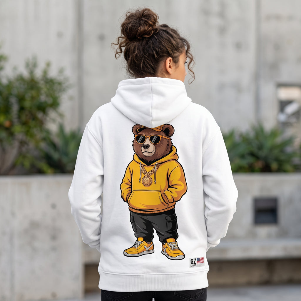 Bear Graphic Hoodie — Casual Streetwear Pullover with Yellow Bear Illustration