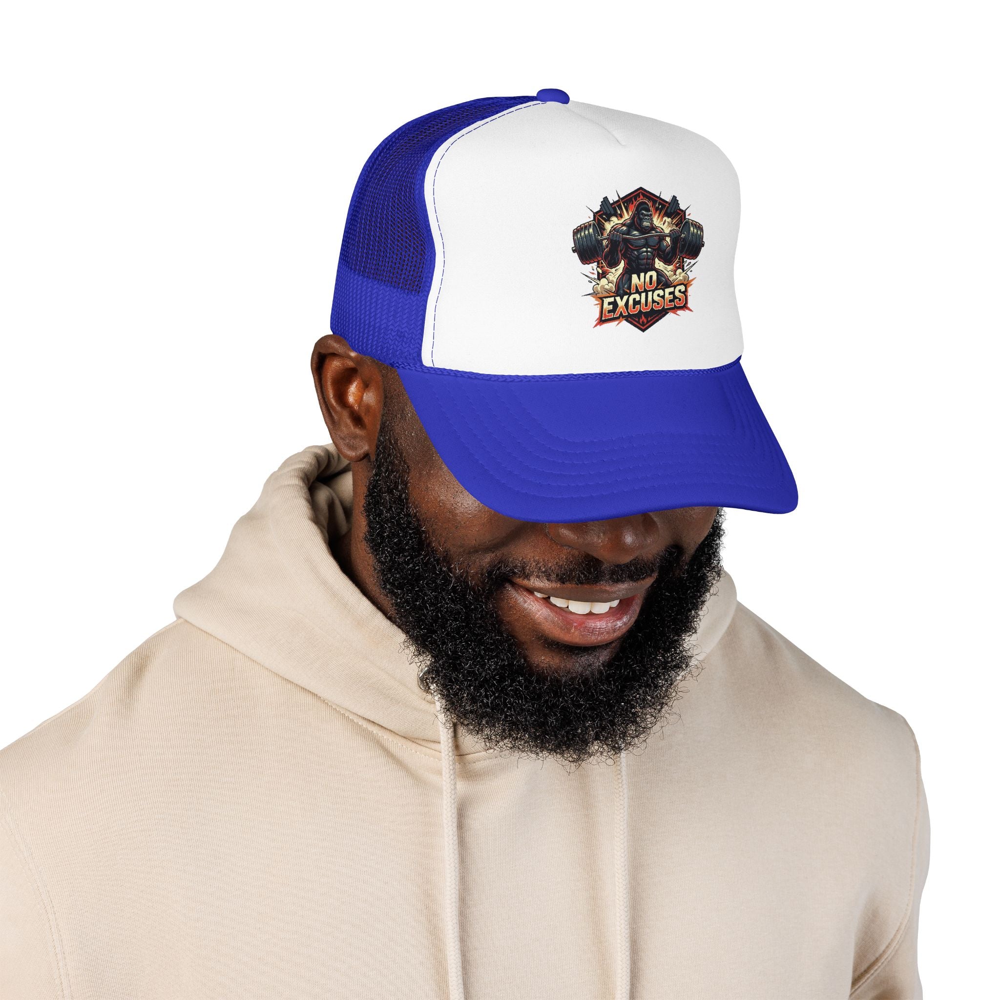 Trucker Hat — 'No Excuses' Gym Skull Design