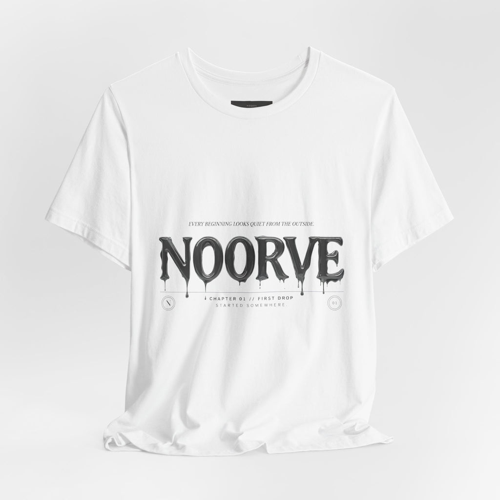Noorve Drip Logo T-Shirt — Graphic White Tee with Gothic Dripping Text