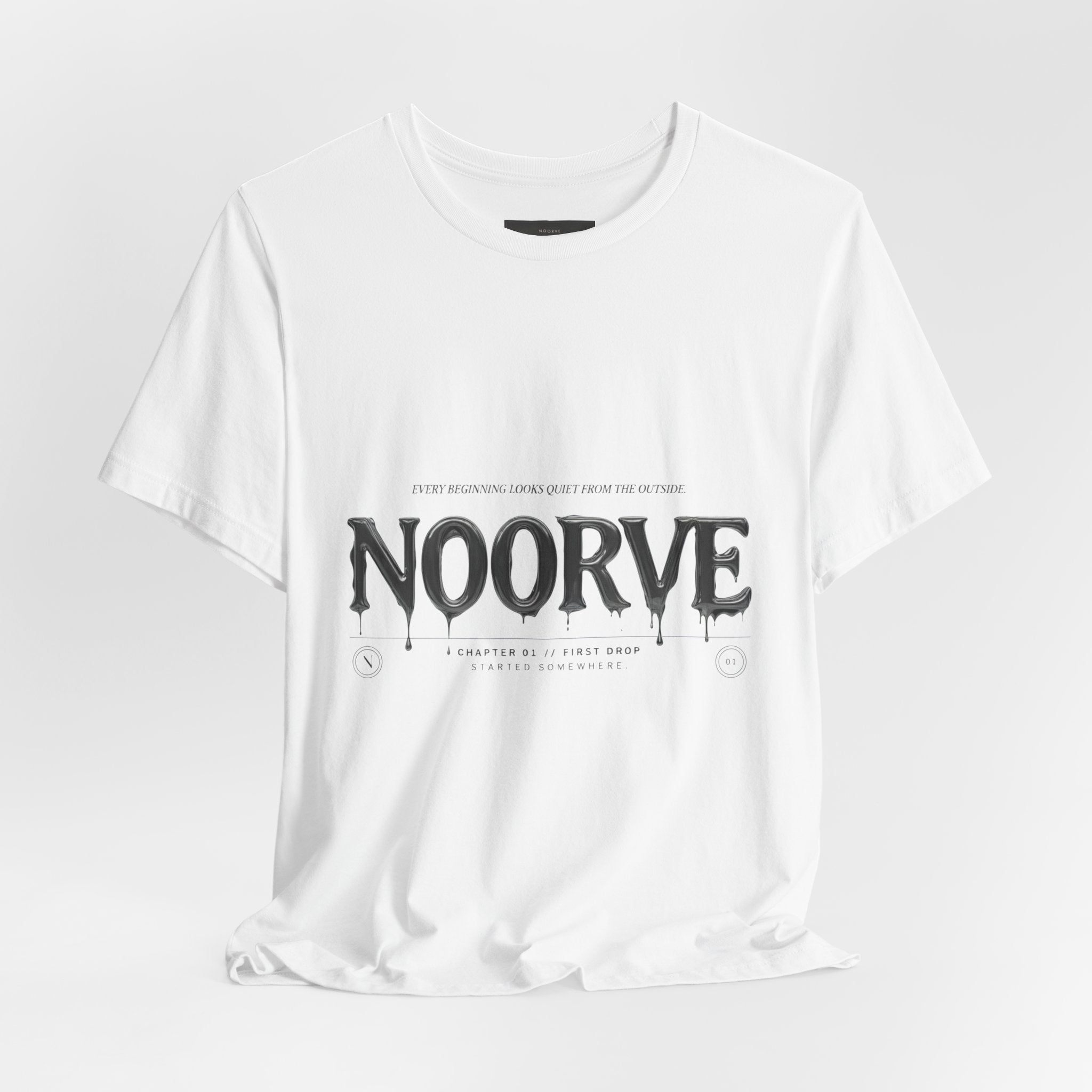 Noorve Drip Logo T-Shirt — Graphic White Tee with Gothic Dripping Text