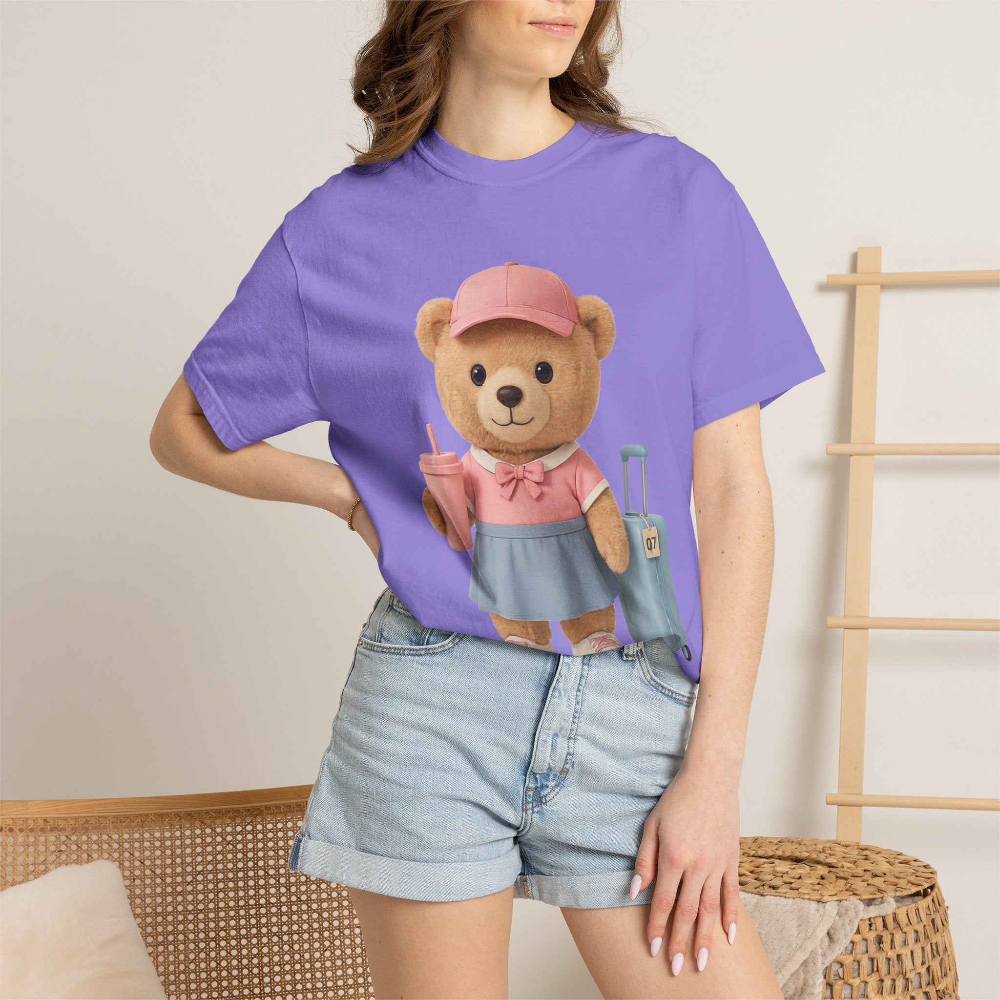 Teddy Traveler T‑Shirt — Cute Bear with Luggage & Cup Graphic