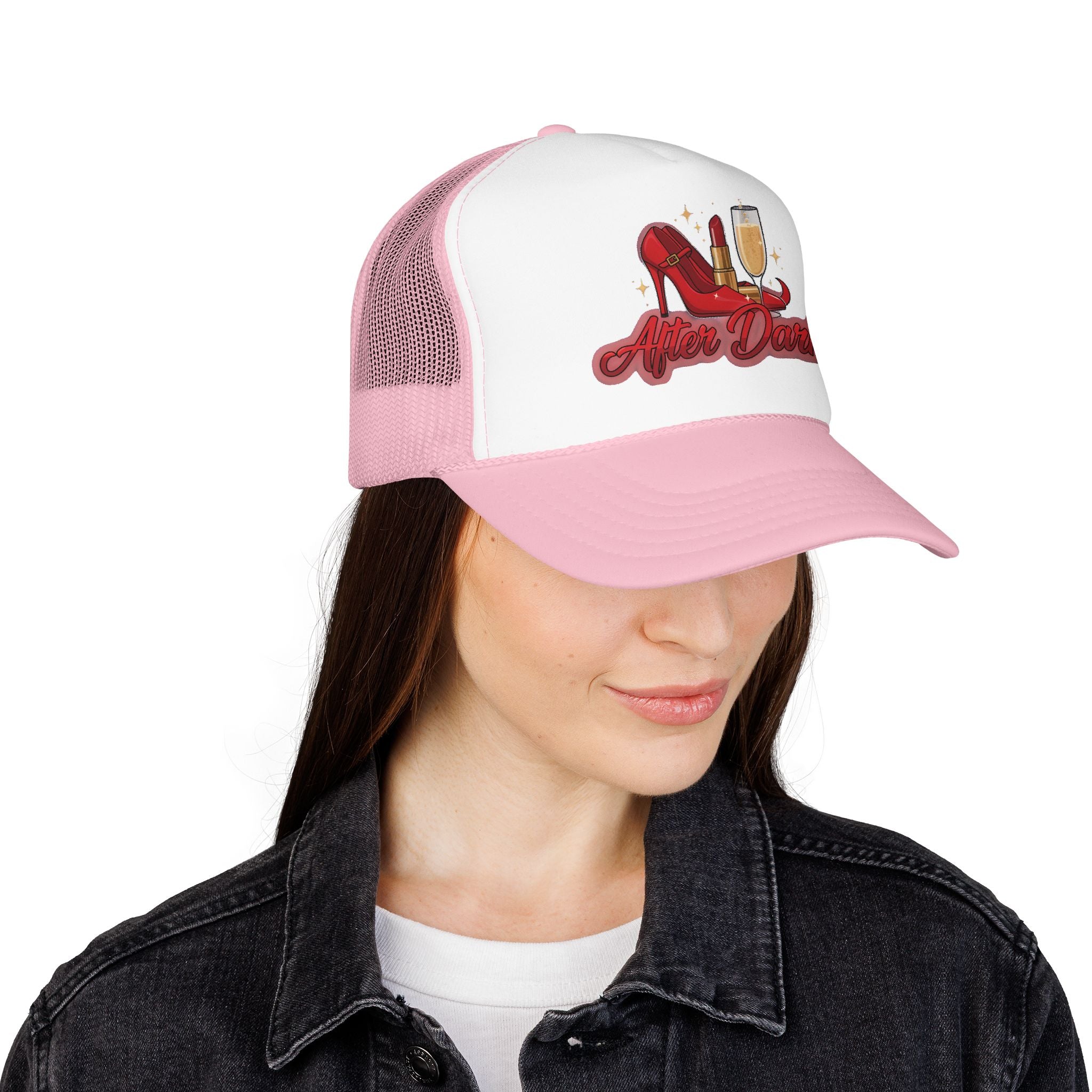 After Dark Trucker Hat — Red Heels & Champagne Foam Cap