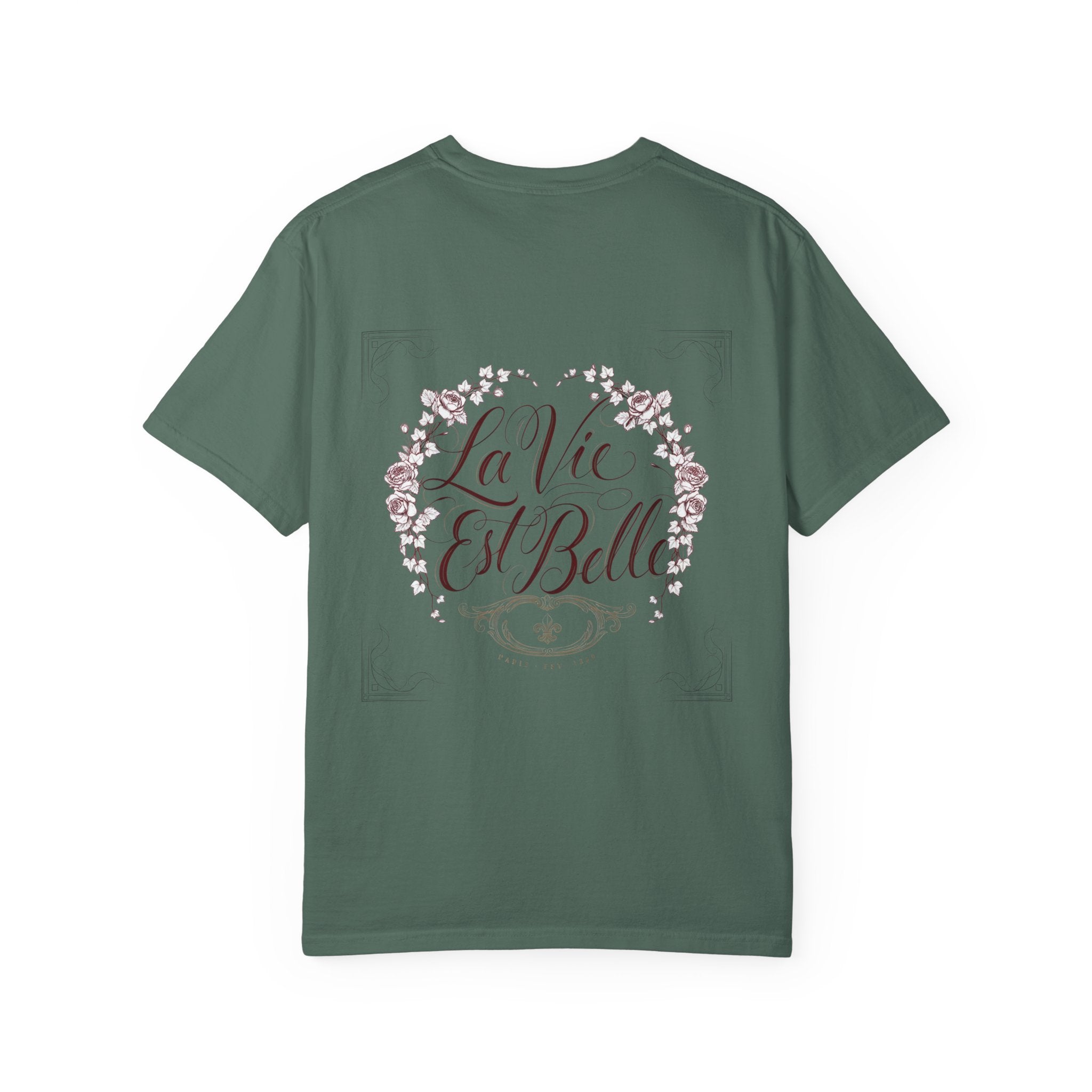 La Vie Est Belle Graphic T-Shirt — Feminine Portrait & Floral Back Print