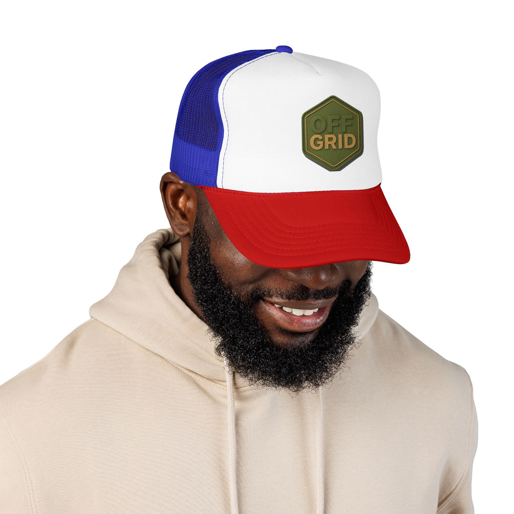 Off Grid Patch Trucker Hat — Military Green Adventure Cap