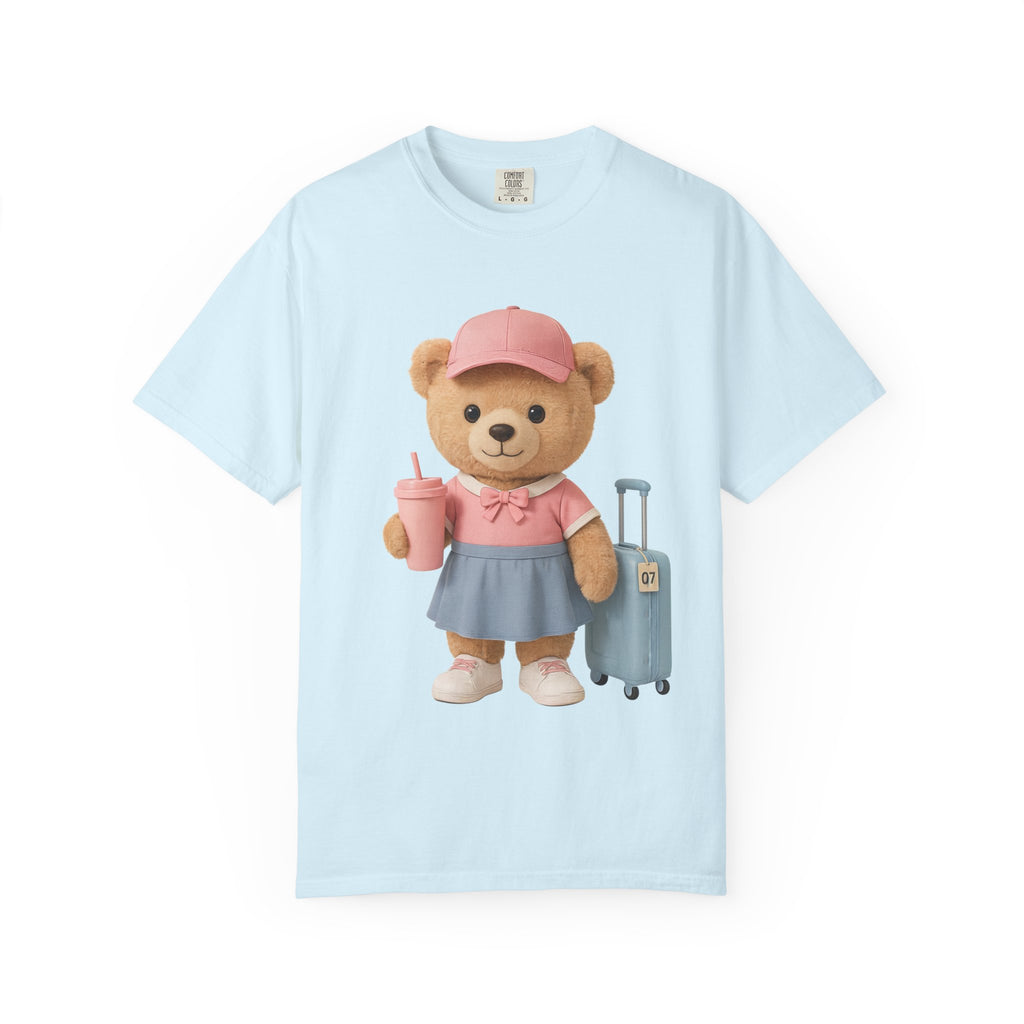 Teddy Traveler T‑Shirt — Cute Bear with Luggage & Cup Graphic