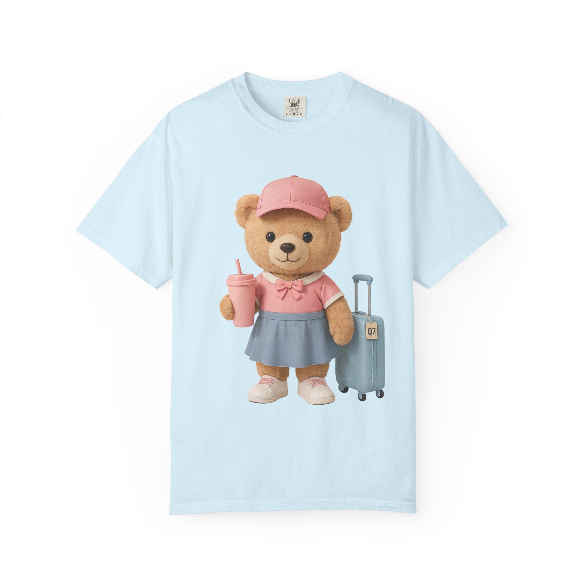 Teddy Traveler T‑Shirt — Cute Bear with Luggage & Cup Graphic