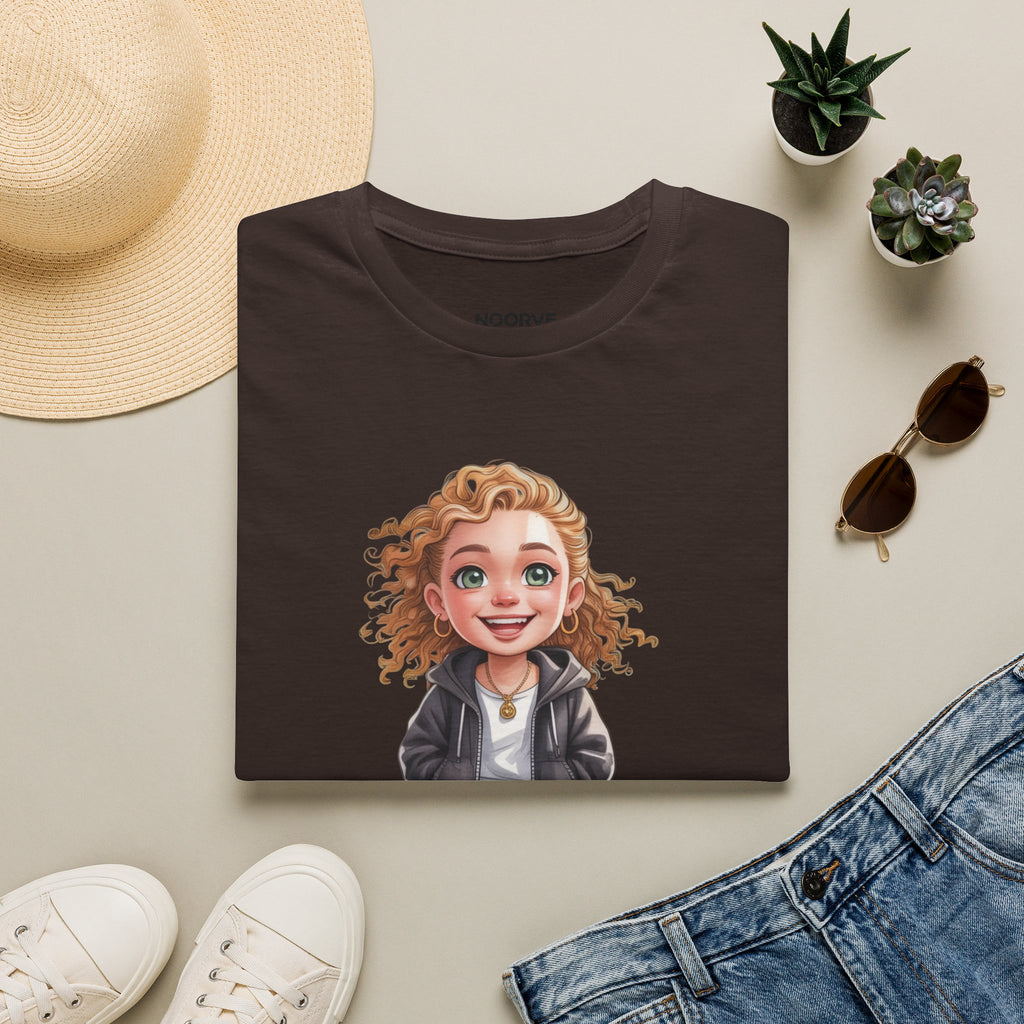 Cute Curly Girl Cartoon T-Shirt — Whimsical Character Tee