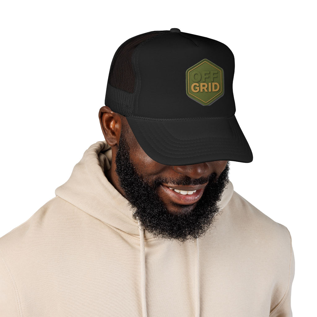 Off Grid Patch Trucker Hat — Military Green Adventure Cap