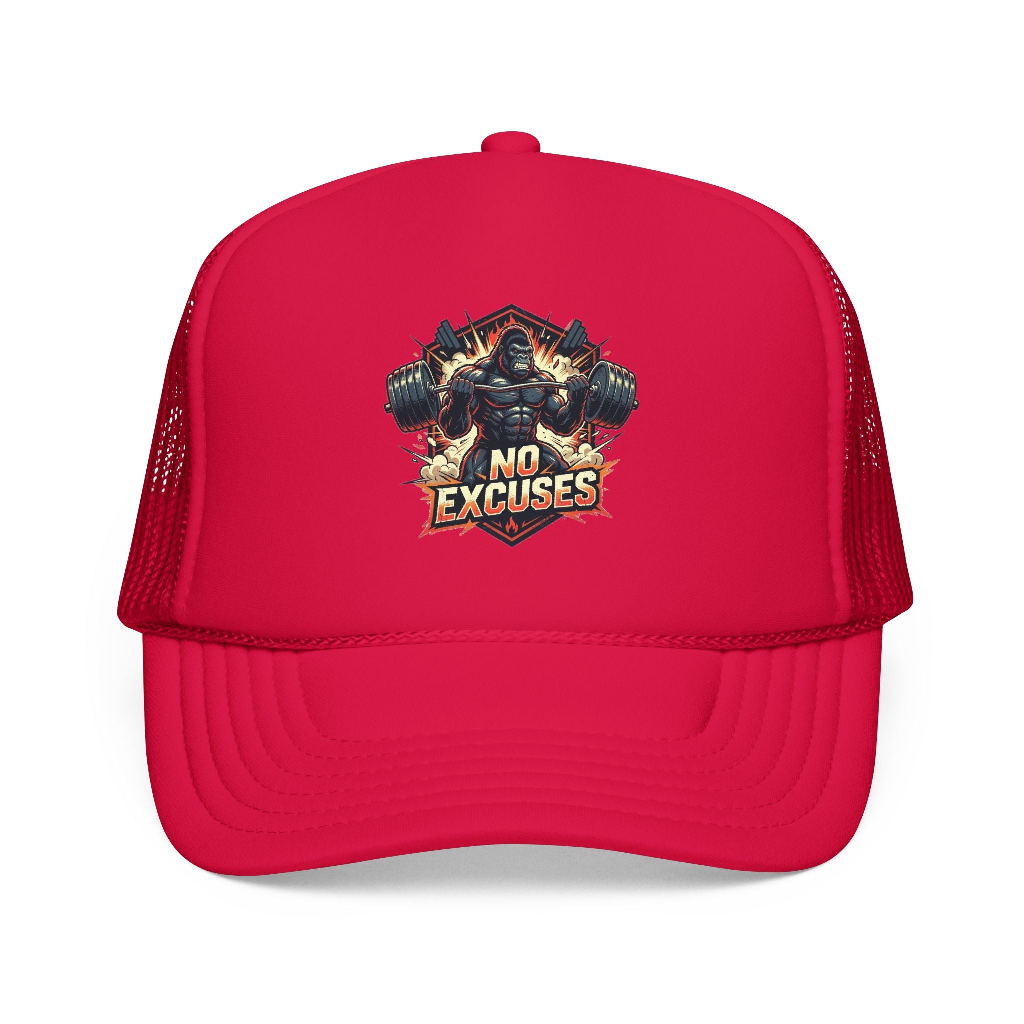 Trucker Hat — 'No Excuses' Gym Skull Design