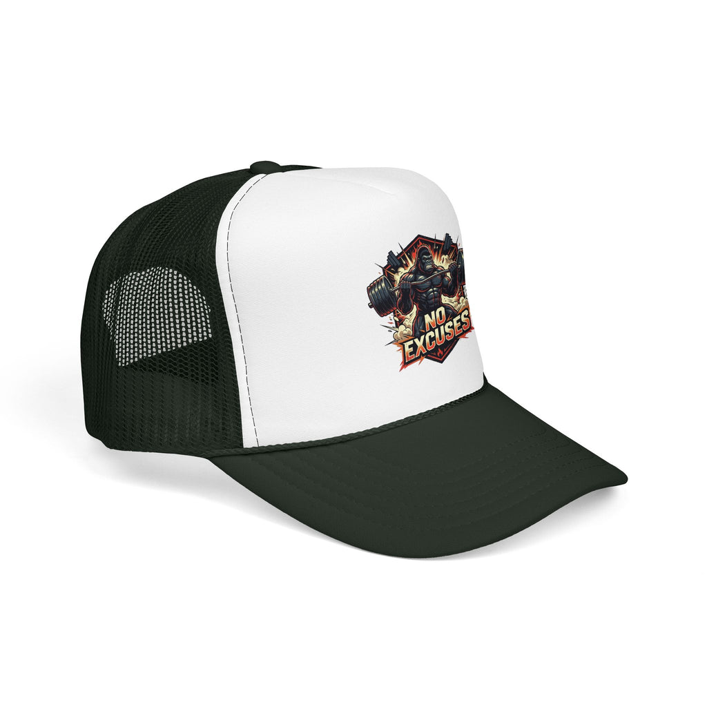 Trucker Hat — 'No Excuses' Gym Skull Design