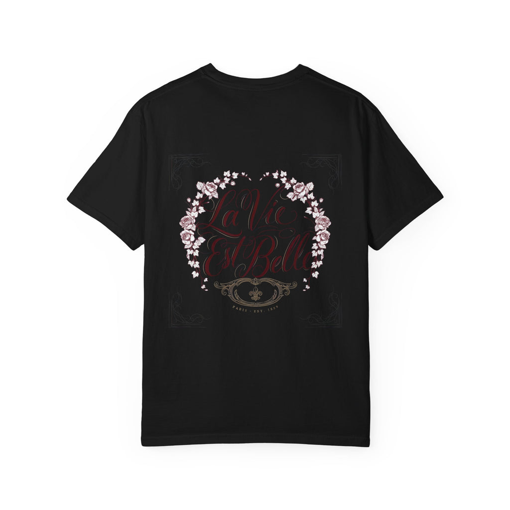 La Vie Est Belle Graphic T-Shirt — Feminine Portrait & Floral Back Print