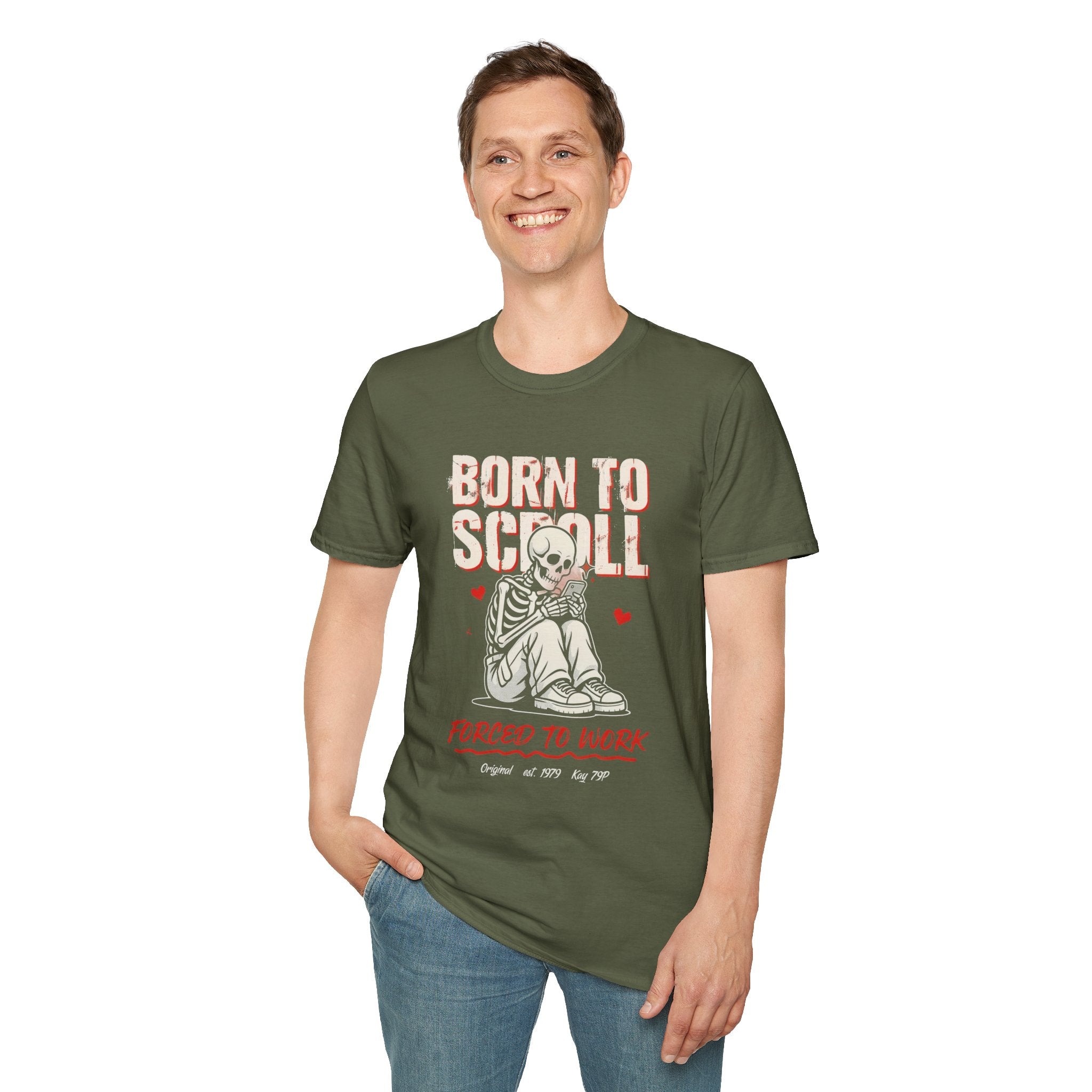 Born to Scroll T-Shirt — Cute Skeleton "Born to Scroll, Forced to Work" Graphic Tee