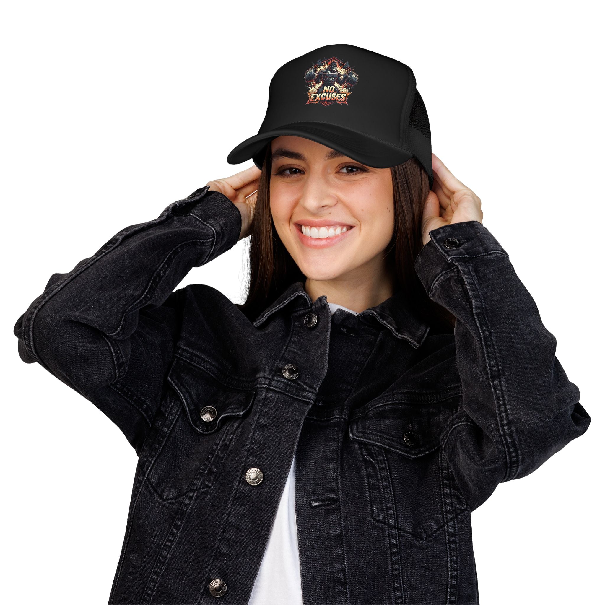 Trucker Hat — 'No Excuses' Gym Skull Design