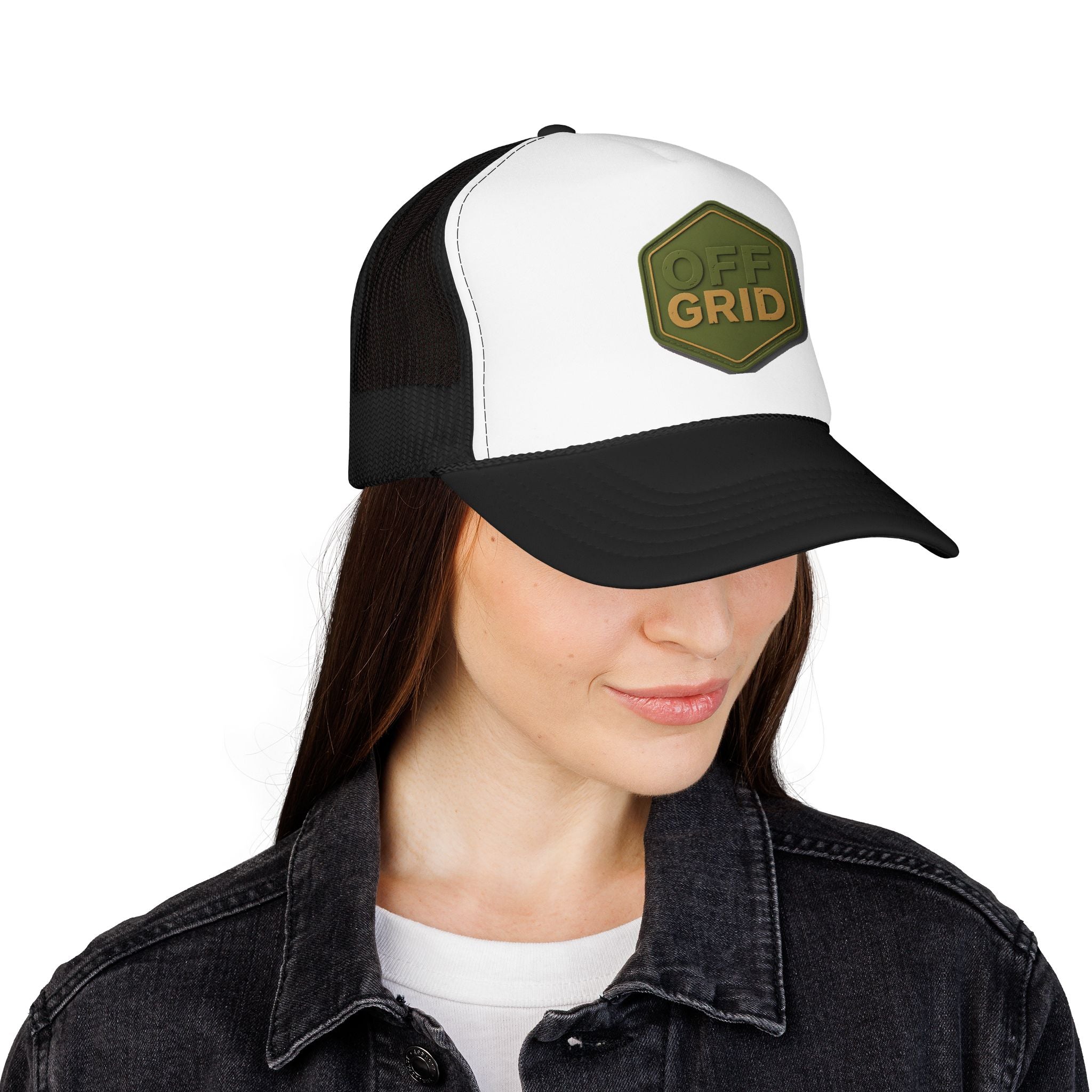 Off Grid Patch Trucker Hat — Military Green Adventure Cap