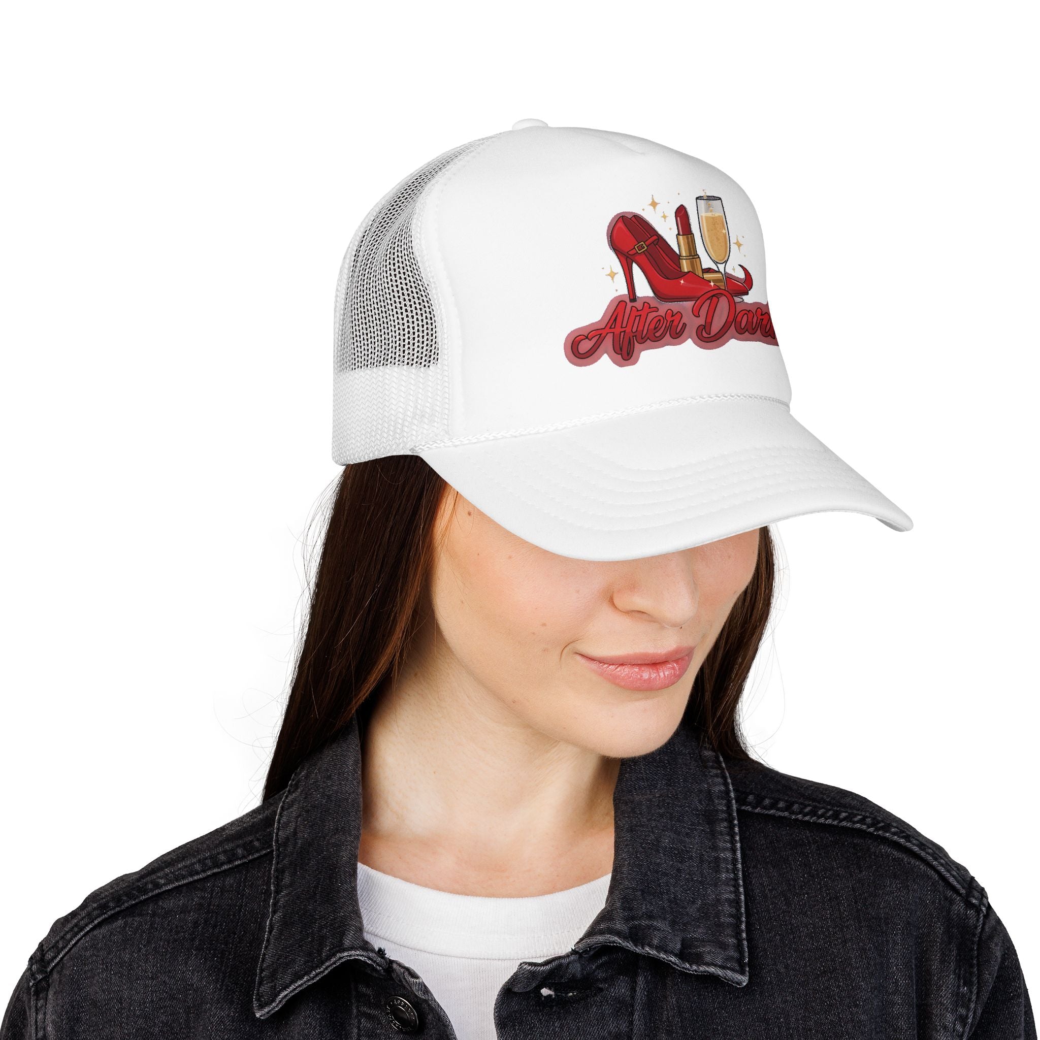 After Dark Trucker Hat — Red Heels & Champagne Foam Cap
