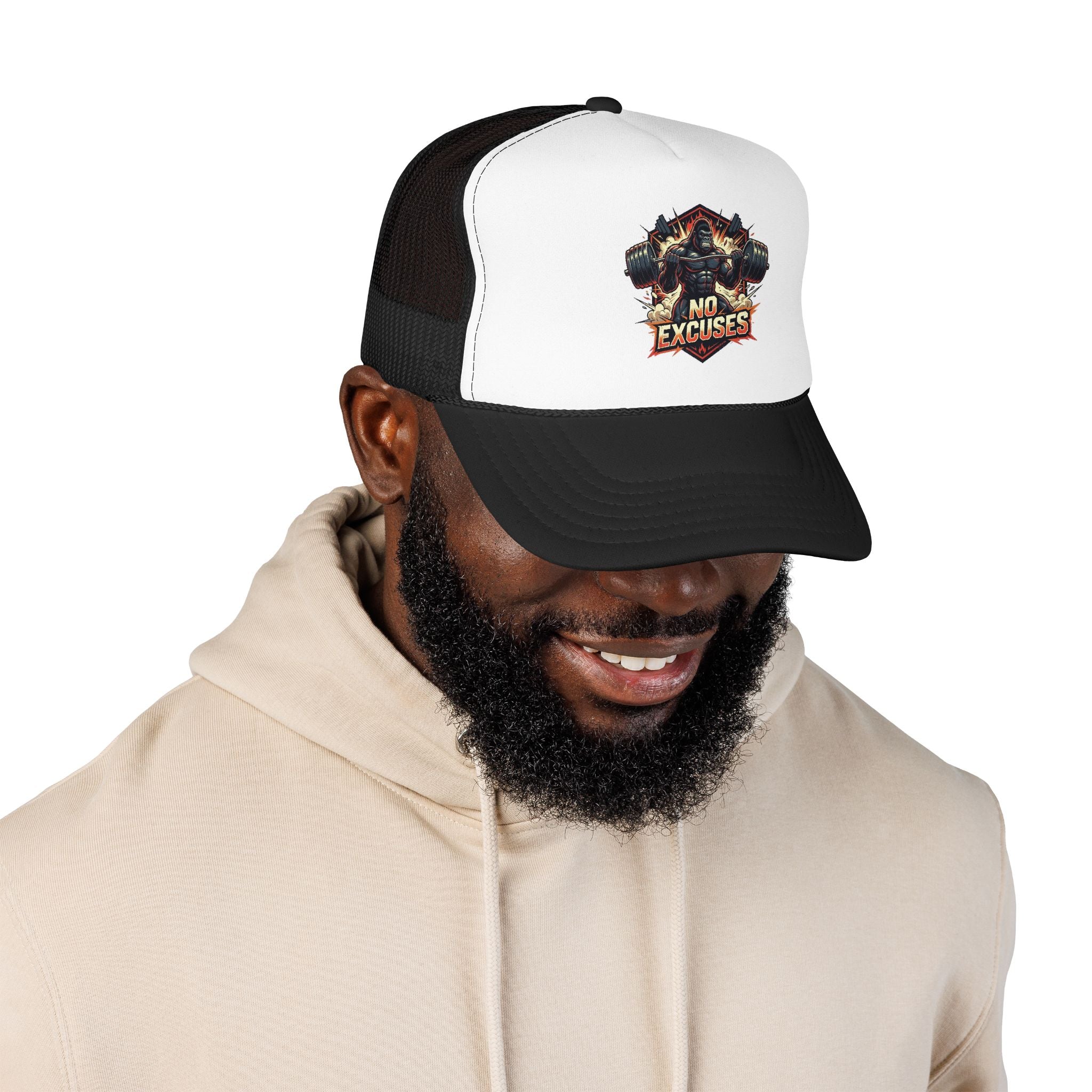 Trucker Hat — 'No Excuses' Gym Skull Design