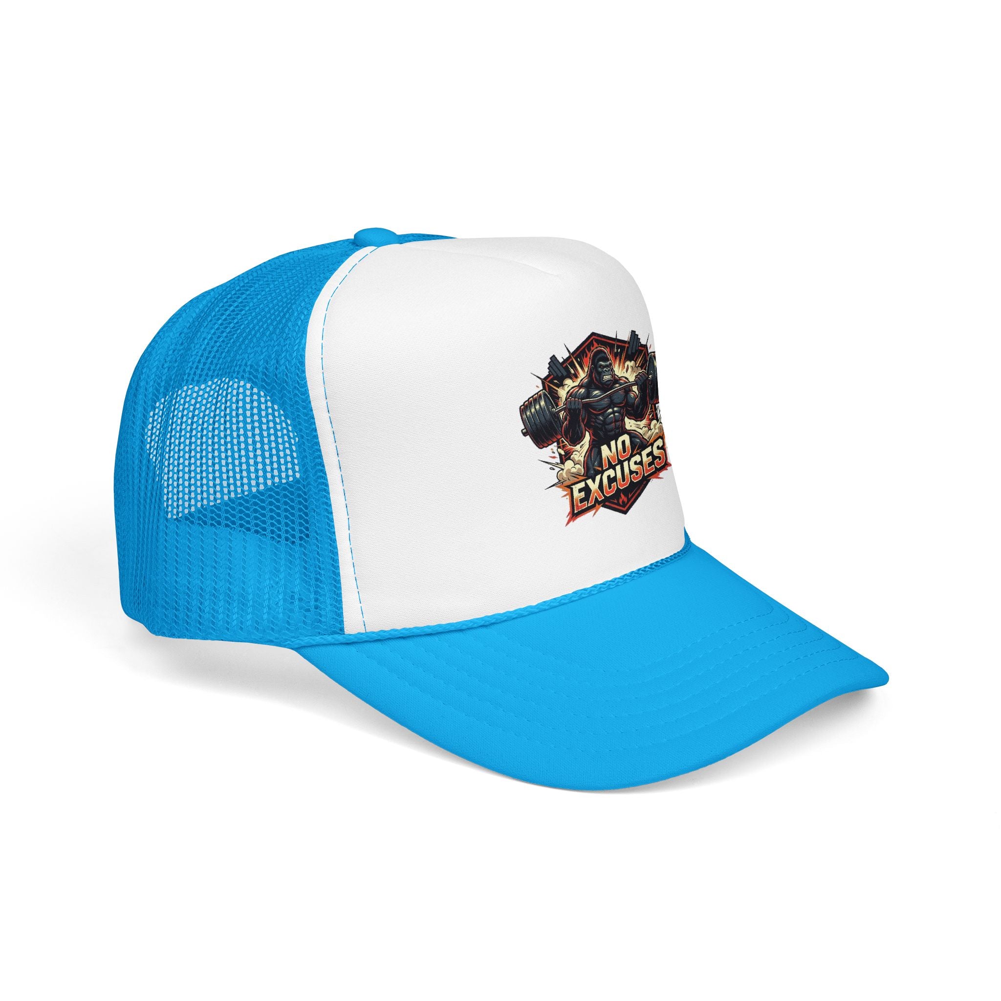 Trucker Hat — 'No Excuses' Gym Skull Design