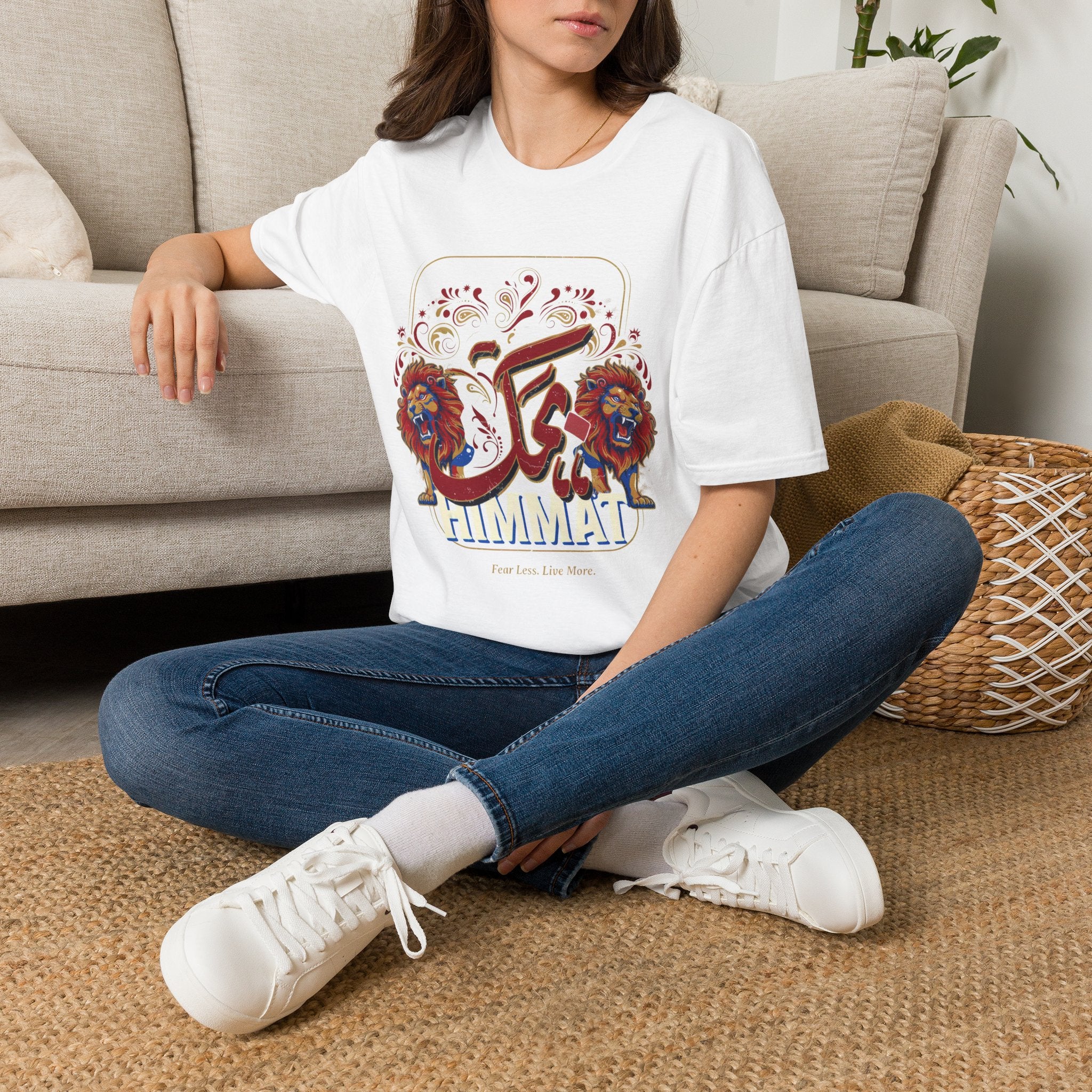Arabic Calligraphy T-Shirt — 'Himmat' Lion Floral Graphic Tee