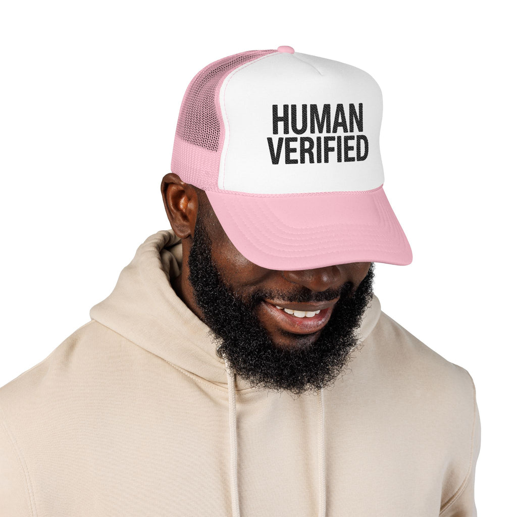 Human Verified Trucker Hat — Distressed Black Mesh Foam Cap