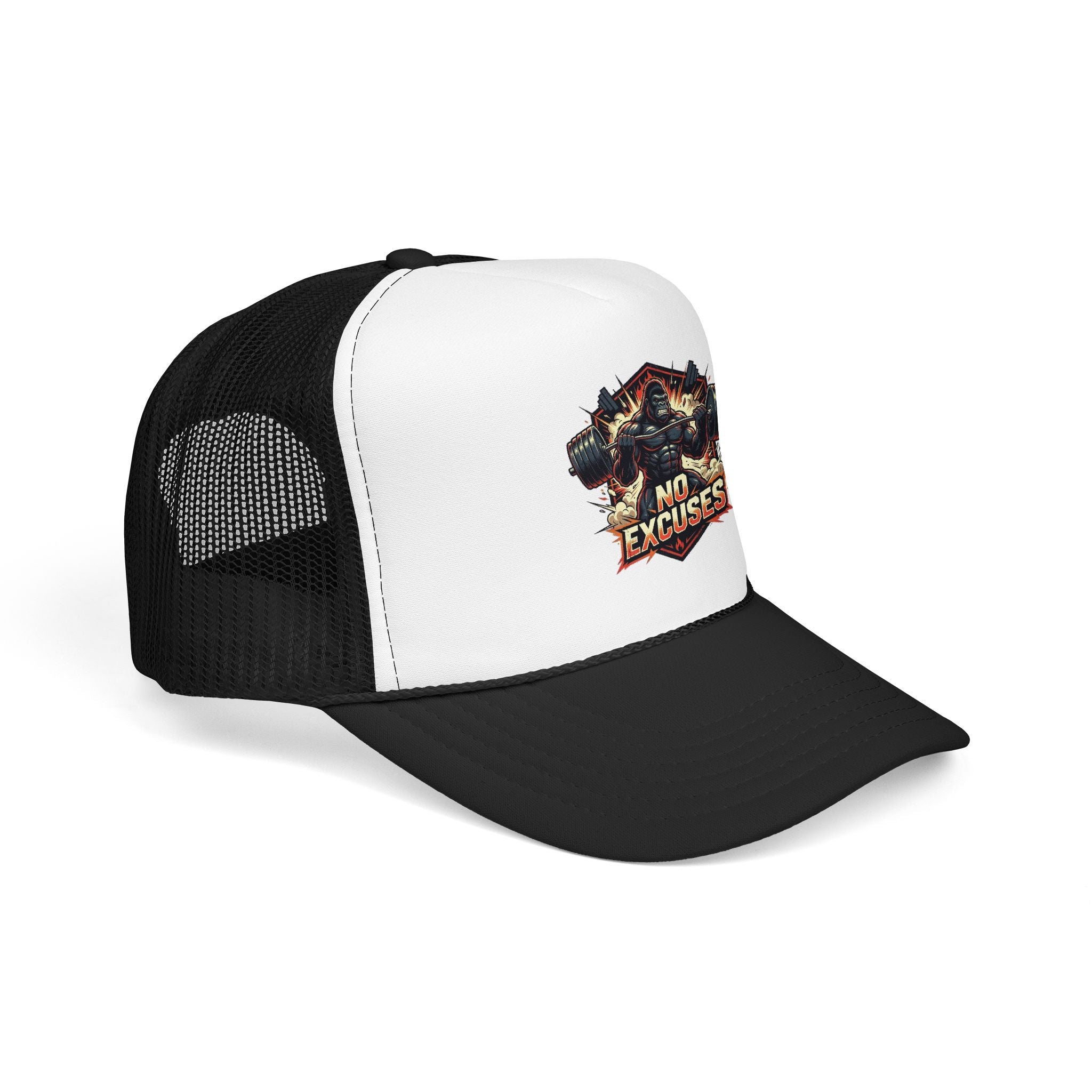 Trucker Hat — 'No Excuses' Gym Skull Design