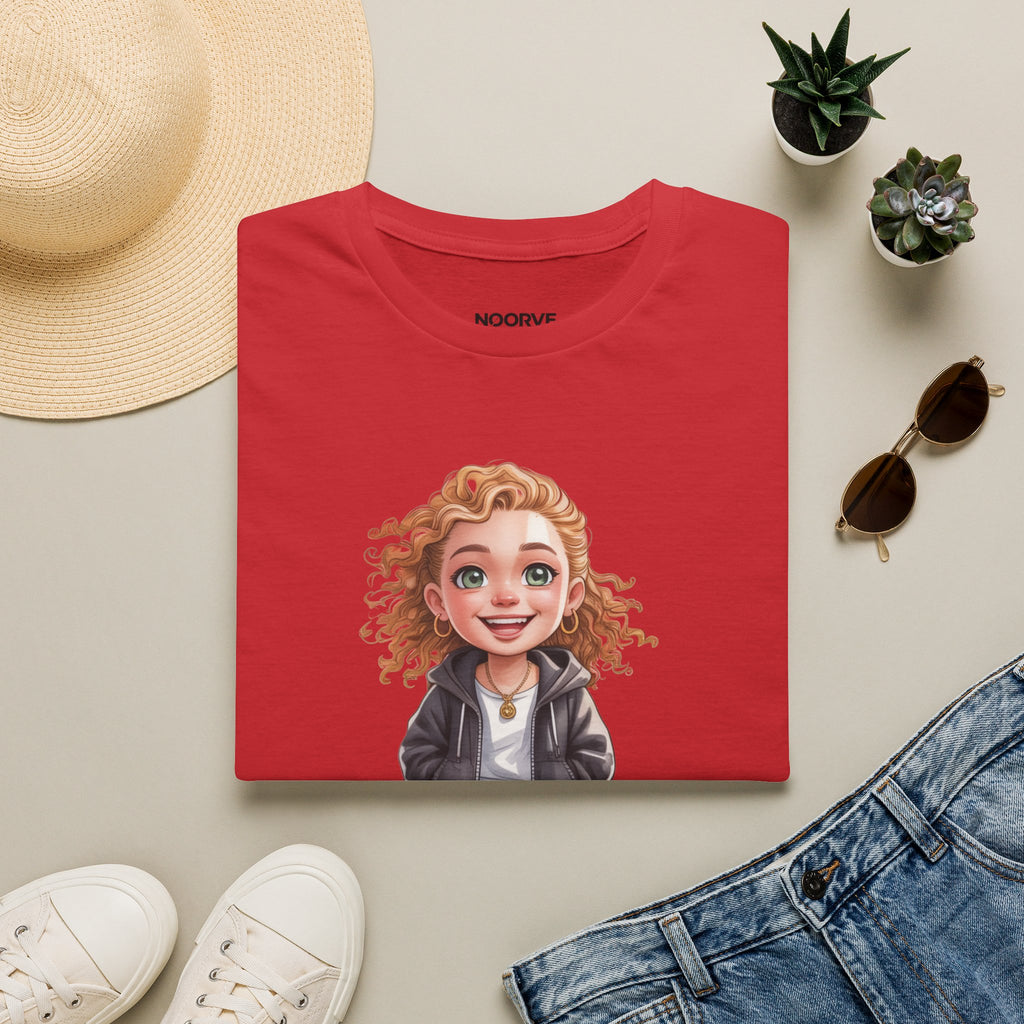 Cute Curly Girl Cartoon T-Shirt — Whimsical Character Tee