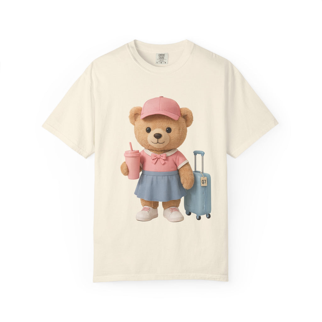 Teddy Traveler T‑Shirt — Cute Bear with Luggage & Cup Graphic