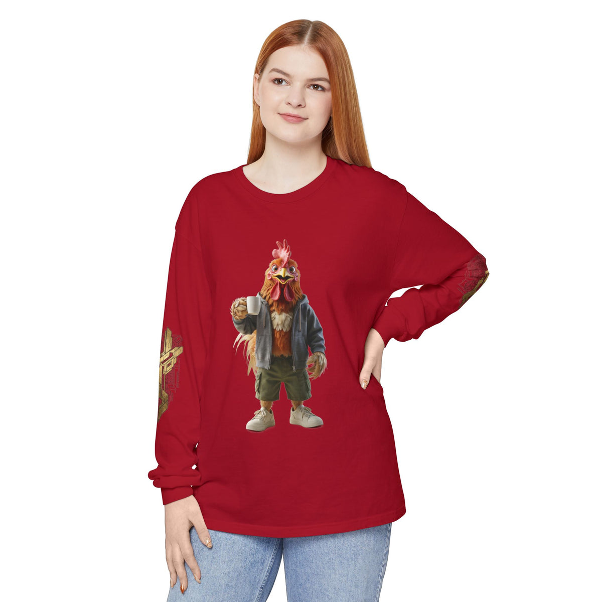 Long Sleeve T‑Shirt — Rooster Mask Character Graphic with 'NOORVE' Back Logo