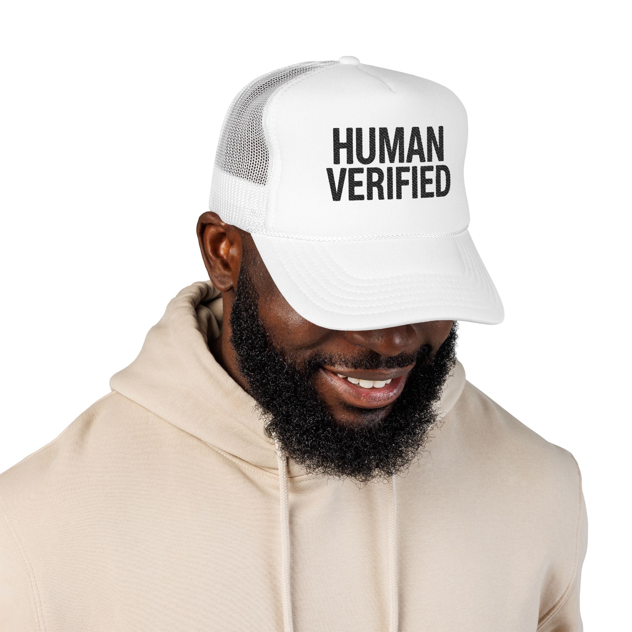 Human Verified Trucker Hat — Distressed Black Mesh Foam Cap