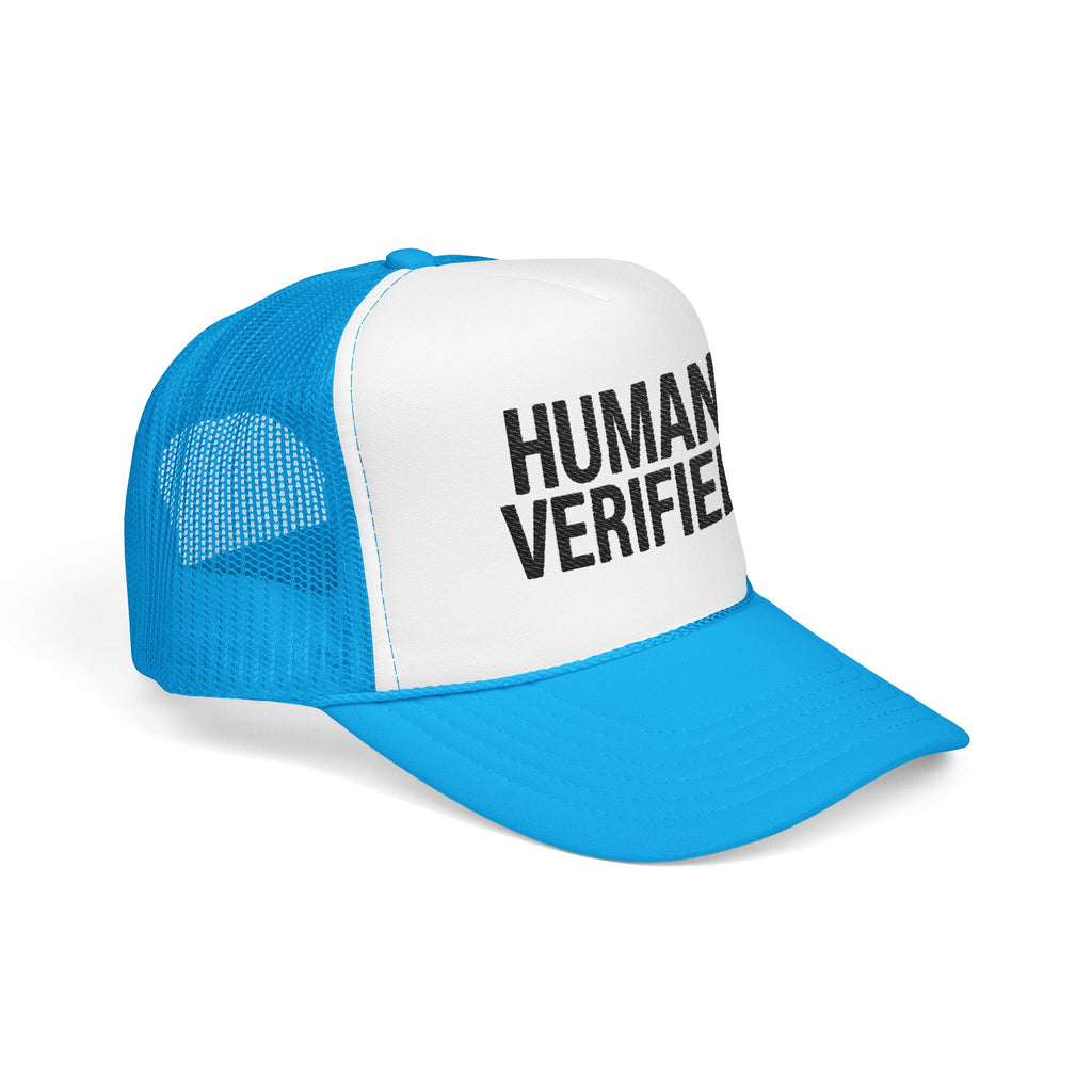Human Verified Trucker Hat — Distressed Black Mesh Foam Cap