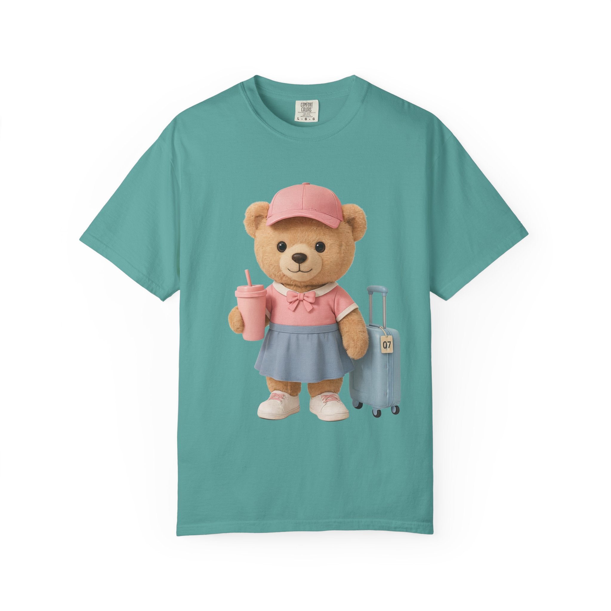 Teddy Traveler T‑Shirt — Cute Bear with Luggage & Cup Graphic