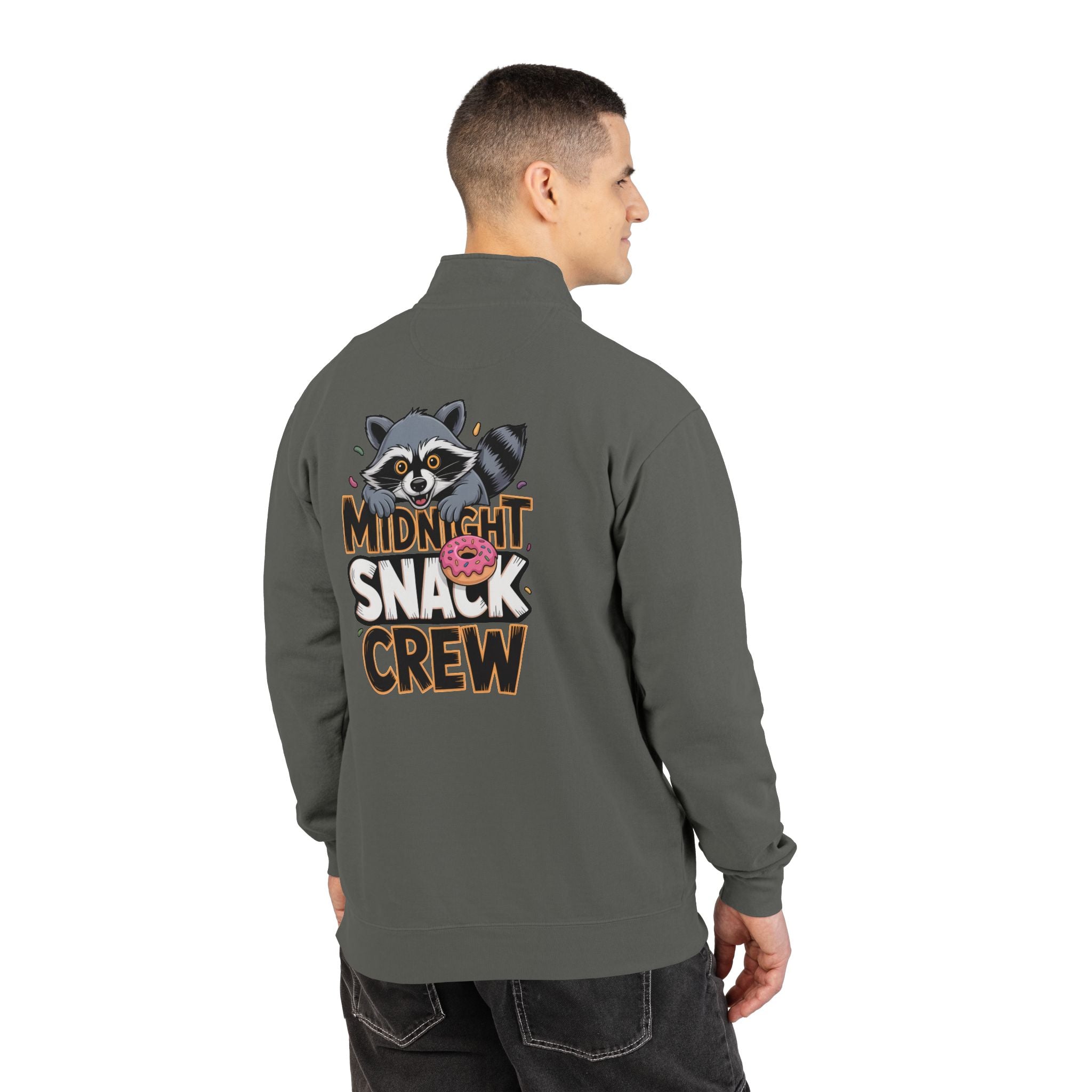 Quarter-Zip Sweatshirt — Midnight Snack Crew Raccoon Graphic | Noorve | Sweatshirt