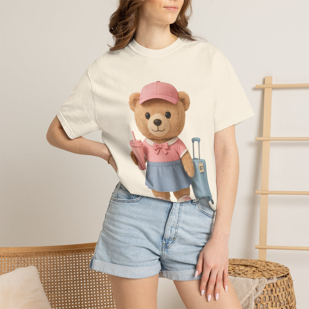 Teddy Traveler T‑Shirt — Cute Bear with Luggage & Cup Graphic