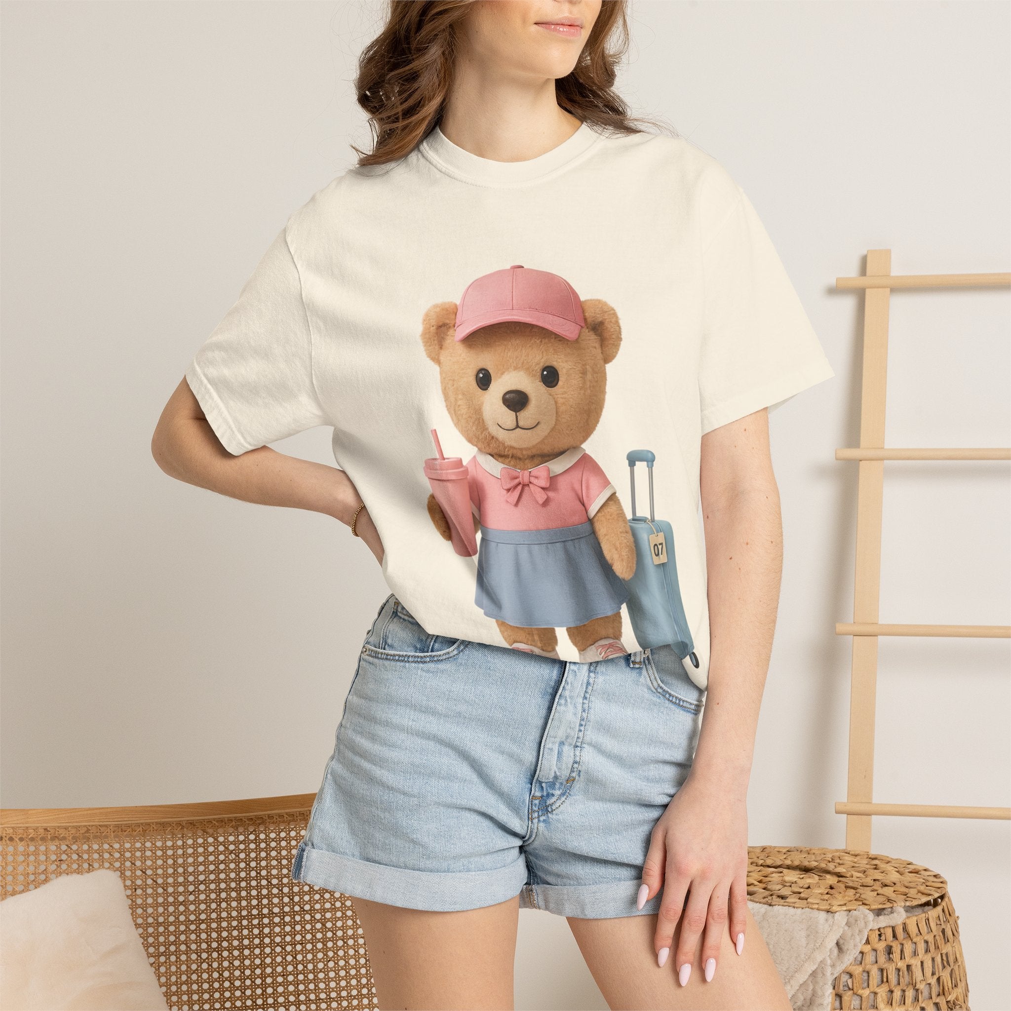 Teddy Traveler T‑Shirt — Cute Bear with Luggage & Cup Graphic