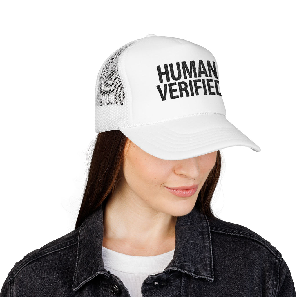 Human Verified Trucker Hat — Distressed Black Mesh Foam Cap