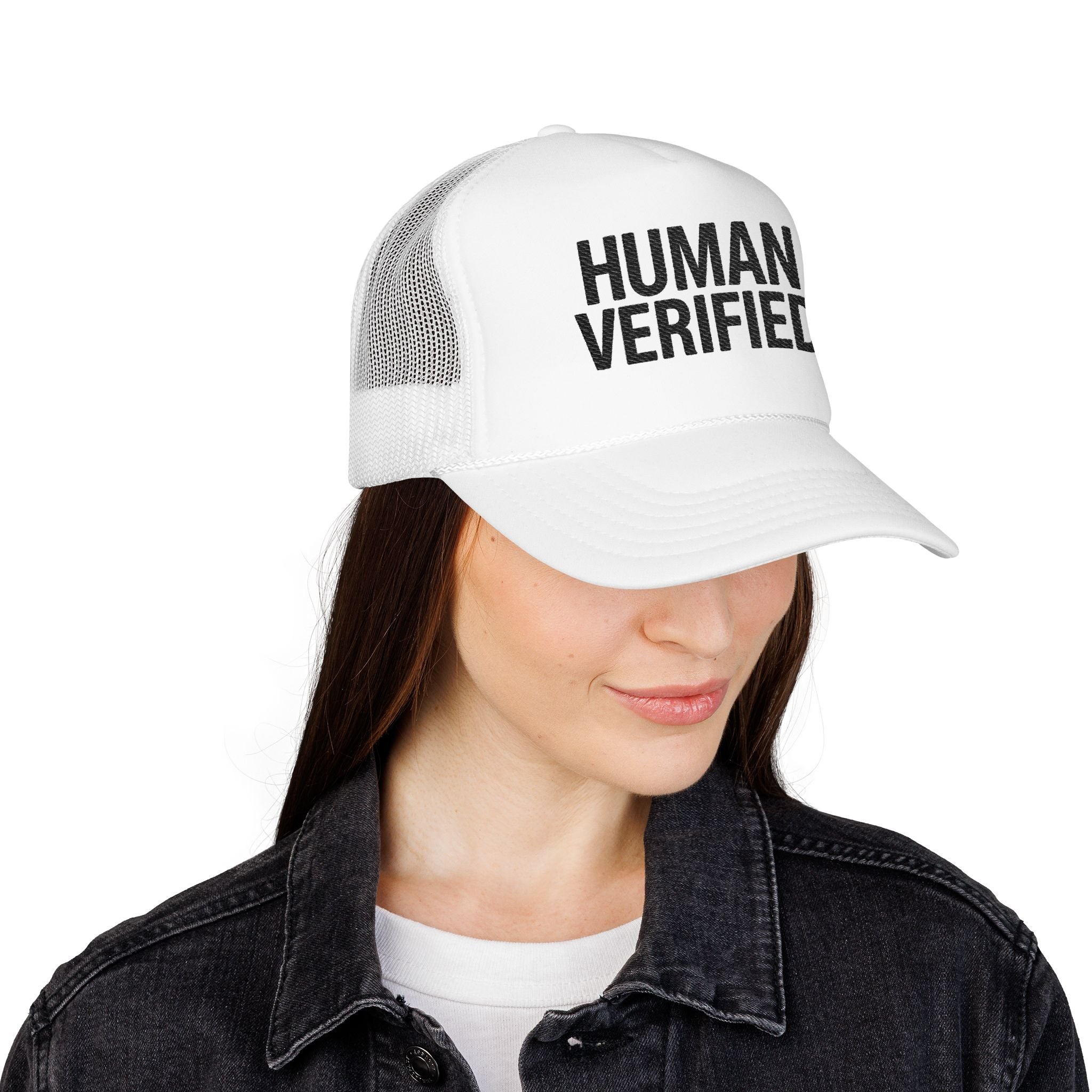 Human Verified Trucker Hat — Distressed Black Mesh Foam Cap