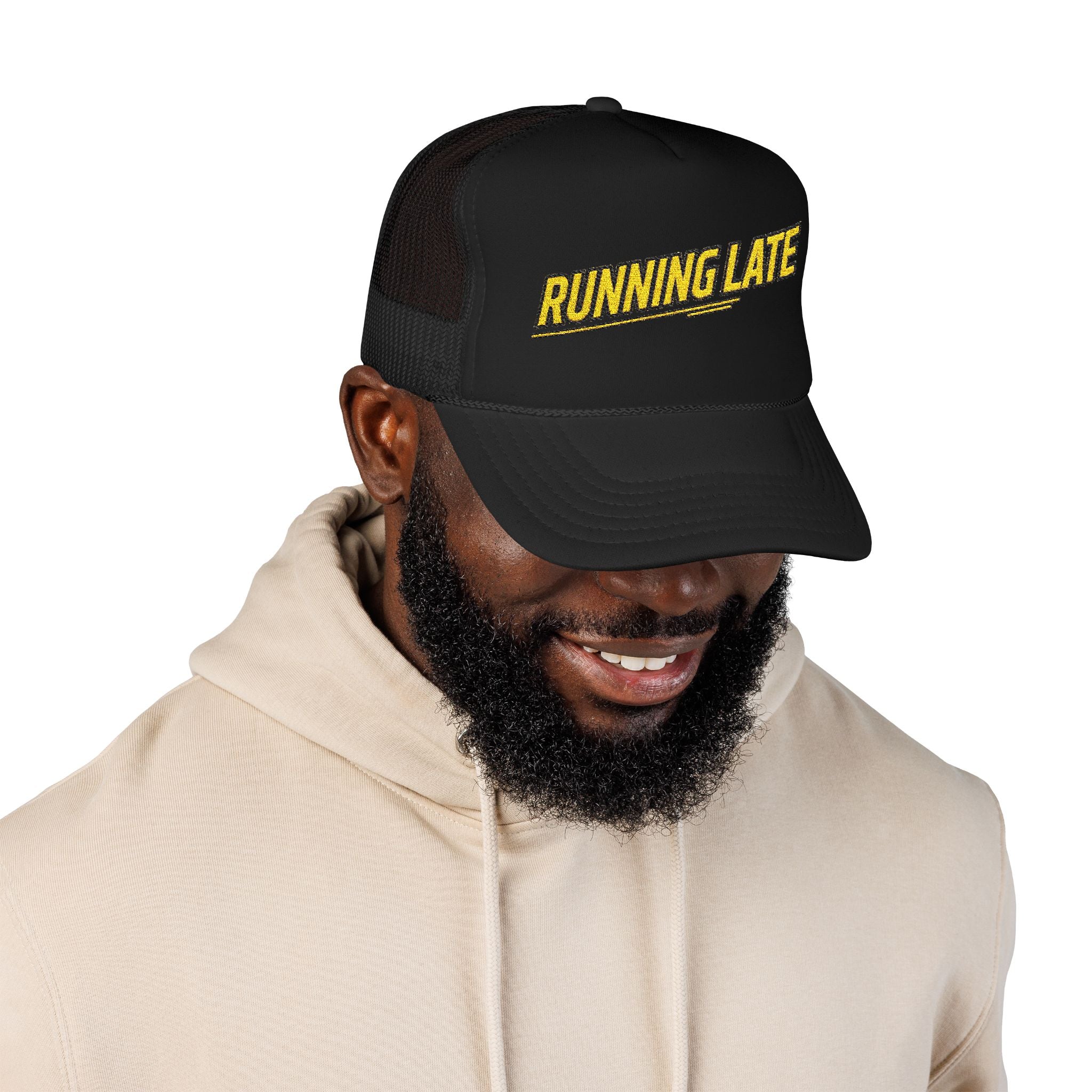Running Late Trucker Hat — Funny Retro Foam Mesh Cap
